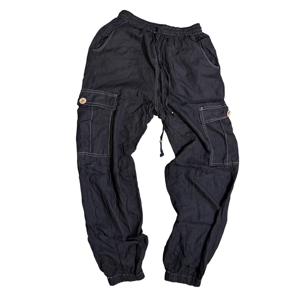 Relaxed Angie Rayon Cargo Joggers Contrast Stitch Drawstring Waist BW Size S